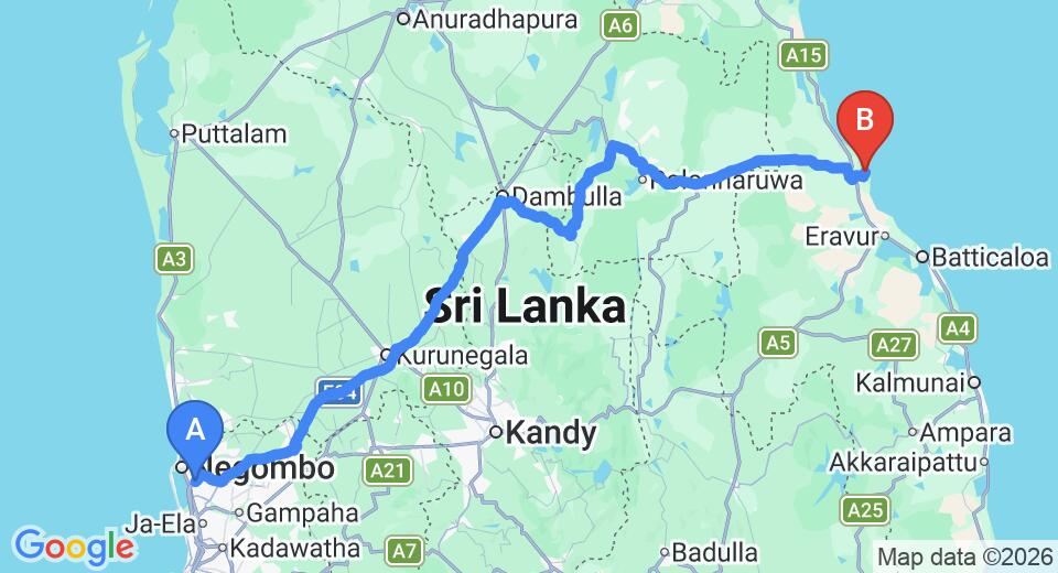Driving route map: Colombo Airport (CMB) to Sunrisebay Passikuda, Pasikuda (266 km, approx 5 h 28 min private transfer)