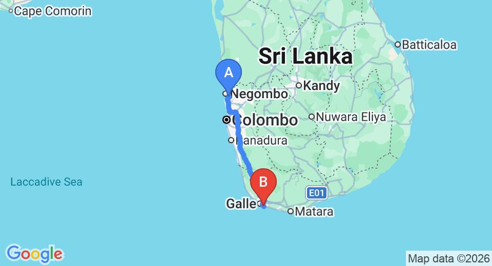 Driving route map: Colombo Airport (CMB) to Amor Villa, Unawatuna (154 km, approx 2 h 9 min private transfer)
