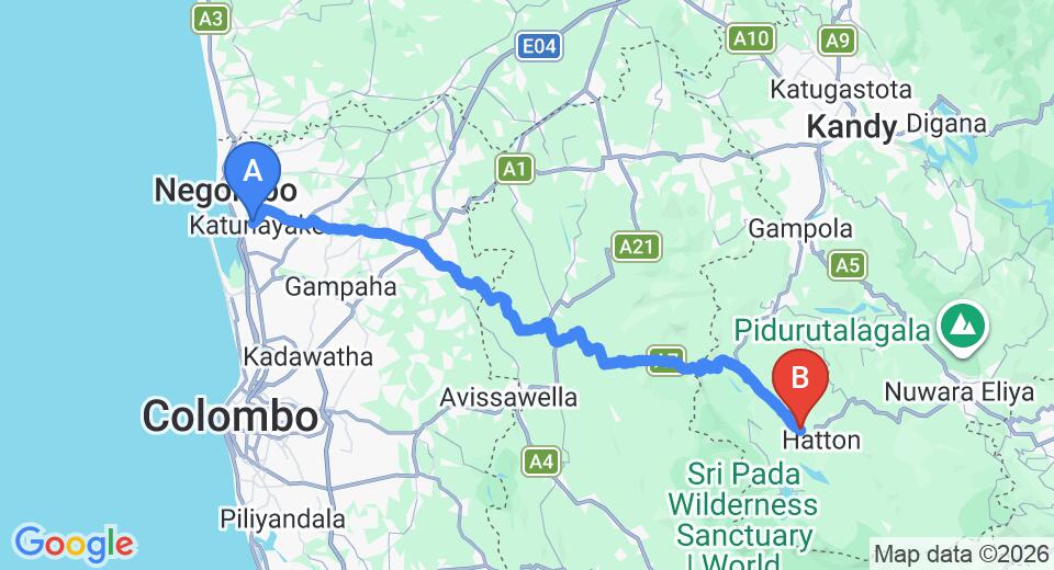 Driving route map: Colombo Airport (CMB) to Mandira Strathdon Holiday Bungalow, Hatton (111 km, approx 3 h 24 min private transfer)
