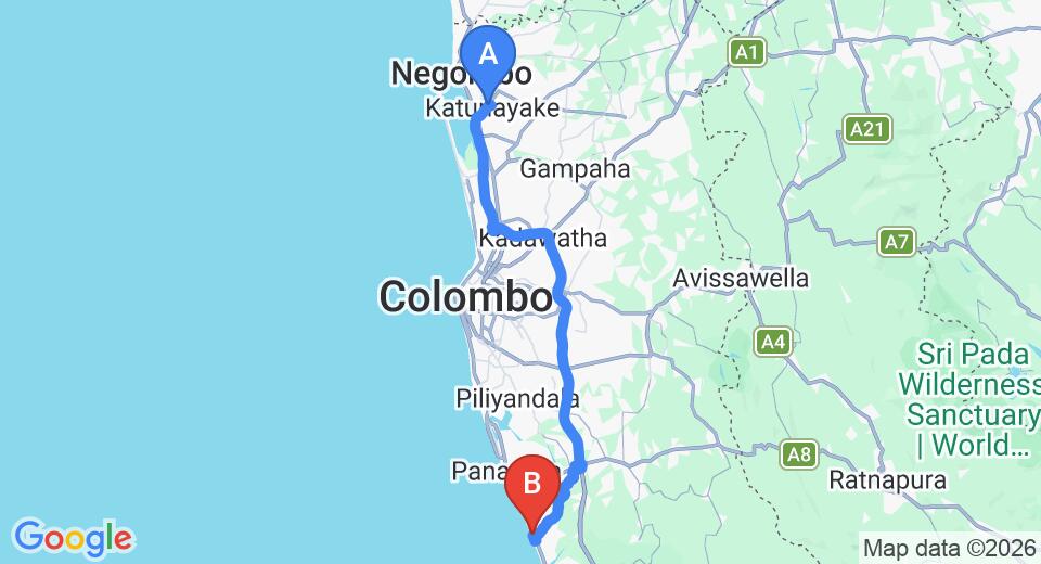 Driving route map: Colombo Airport (CMB) to Kamili Beach Villa, Kalutara (80 km, approx 1 h 25 min private transfer)
