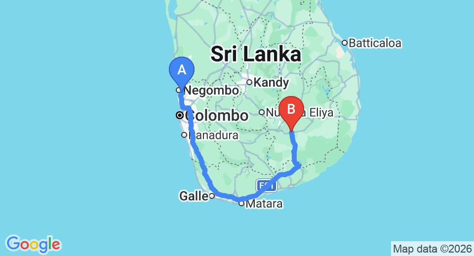 Driving route map: Colombo Airport (CMB) to Rest House, Wellawaya (309 km, approx 4 h 15 min private transfer)