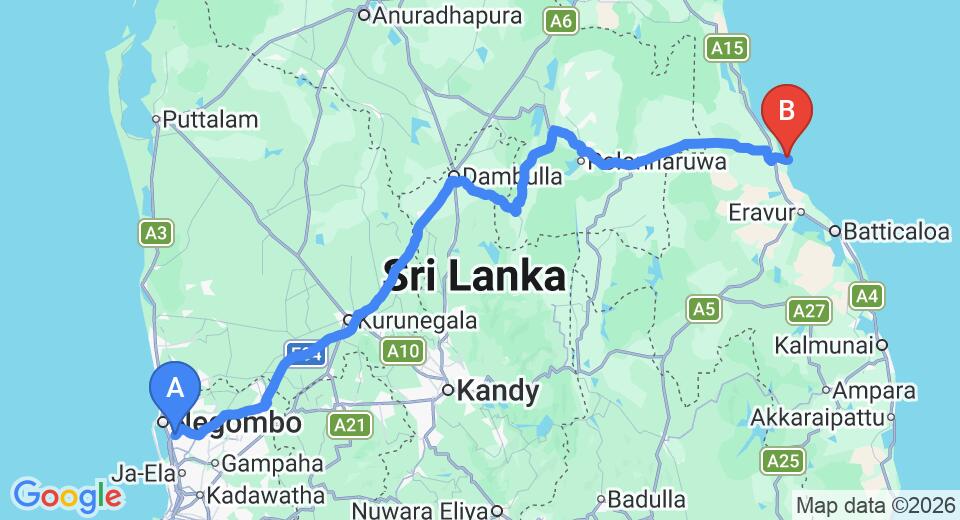 Driving route map: Colombo Airport (CMB) to Sunrise by Jetwing, Pasikuda (267 km, approx 5 h 28 min private transfer)