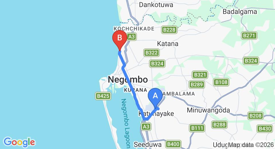Driving route map: Colombo Airport (CMB) to The Pearl, Negombo (13 km, approx 31 min private transfer)