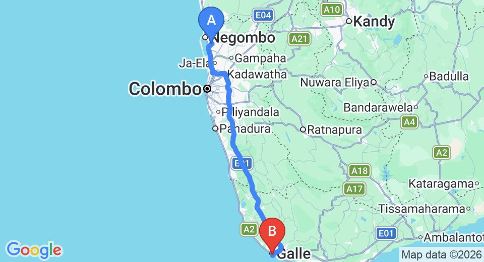 Driving route map: Colombo Airport (CMB) to Kingsley's Pearl, Talpe (153 km, approx 2 h 14 min private transfer)