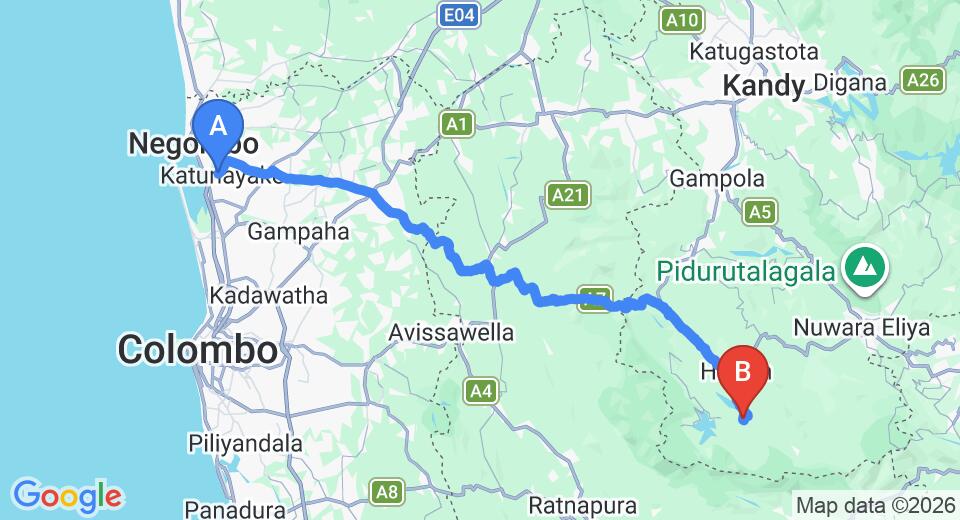 Driving route map: Colombo Airport (CMB) to Norwood Bungalow, Hatton (128 km, approx 4 h 5 min private transfer)