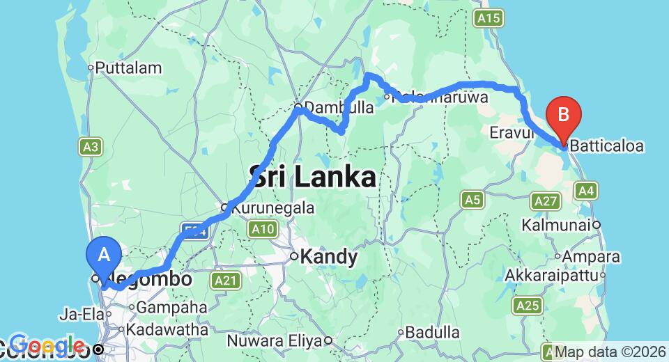 Driving route map: Colombo Airport (CMB) to Subaraj Inn, Batticaloa (292 km, approx 6 h 3 min private transfer)