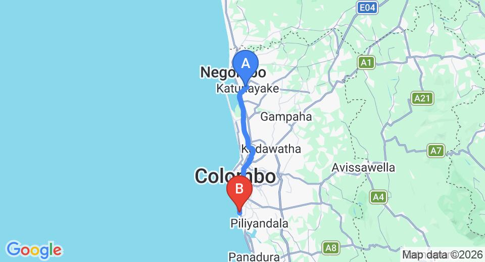 Driving route map: Colombo Airport (CMB) to The White Nest, Mount Lavinia (43 km, approx 1 h 10 min private transfer)