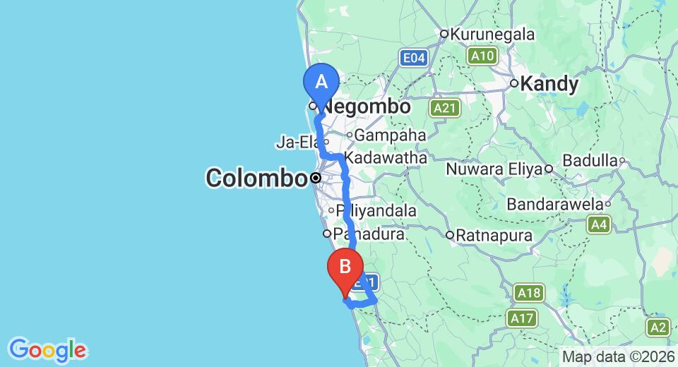 Driving route map: Colombo Airport (CMB) to Ypsylon Tourist Resort - Beruwala, Beruwala (110 km, approx 1 h 46 min private transfer)