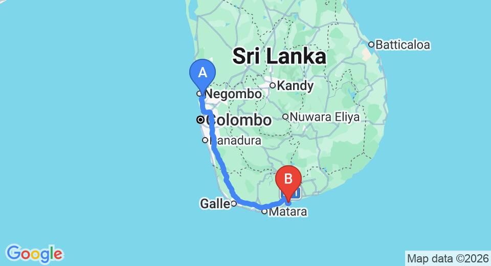 Driving route map: Colombo Airport (CMB) to Blue Horizon Hotel, Tangalle (217 km, approx 2 h 55 min private transfer)