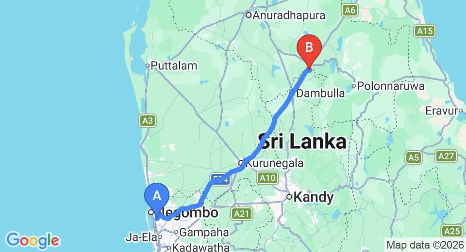Driving route map: Colombo Airport (CMB) to Eth Mansala Holiday Bungalow, Dambulla (150 km, approx 3 h 15 min private transfer)