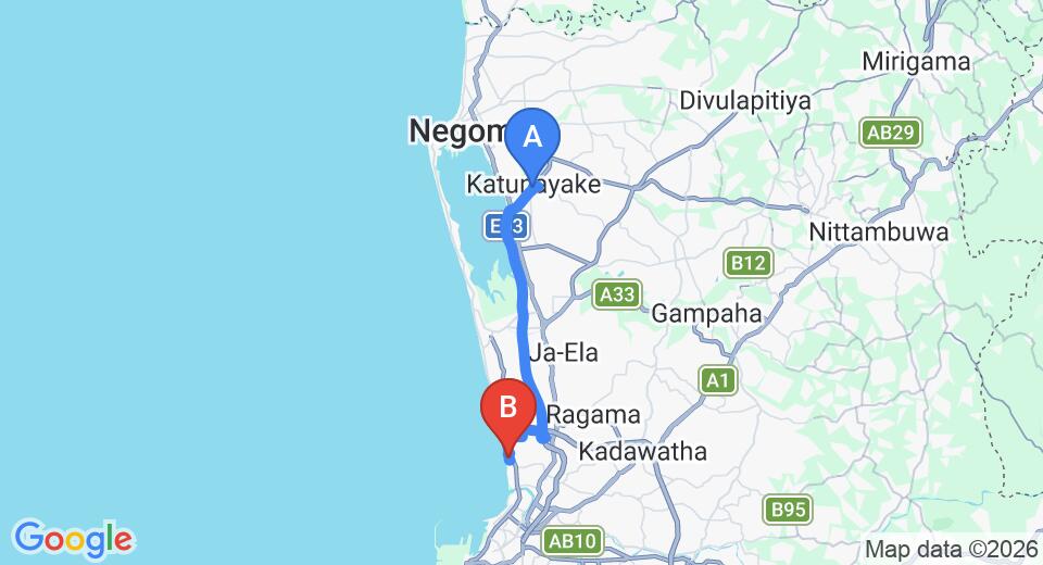 Driving route map: Colombo Airport (CMB) to Pegasus Reef Hotel, Wattala (25 km, approx 37 min private transfer)