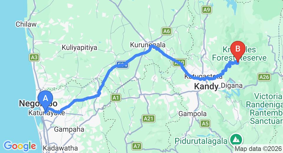 Driving route map: Colombo Airport (CMB) to Sandalu Eco Resort, Kandy (146 km, approx 4 h 18 min private transfer)