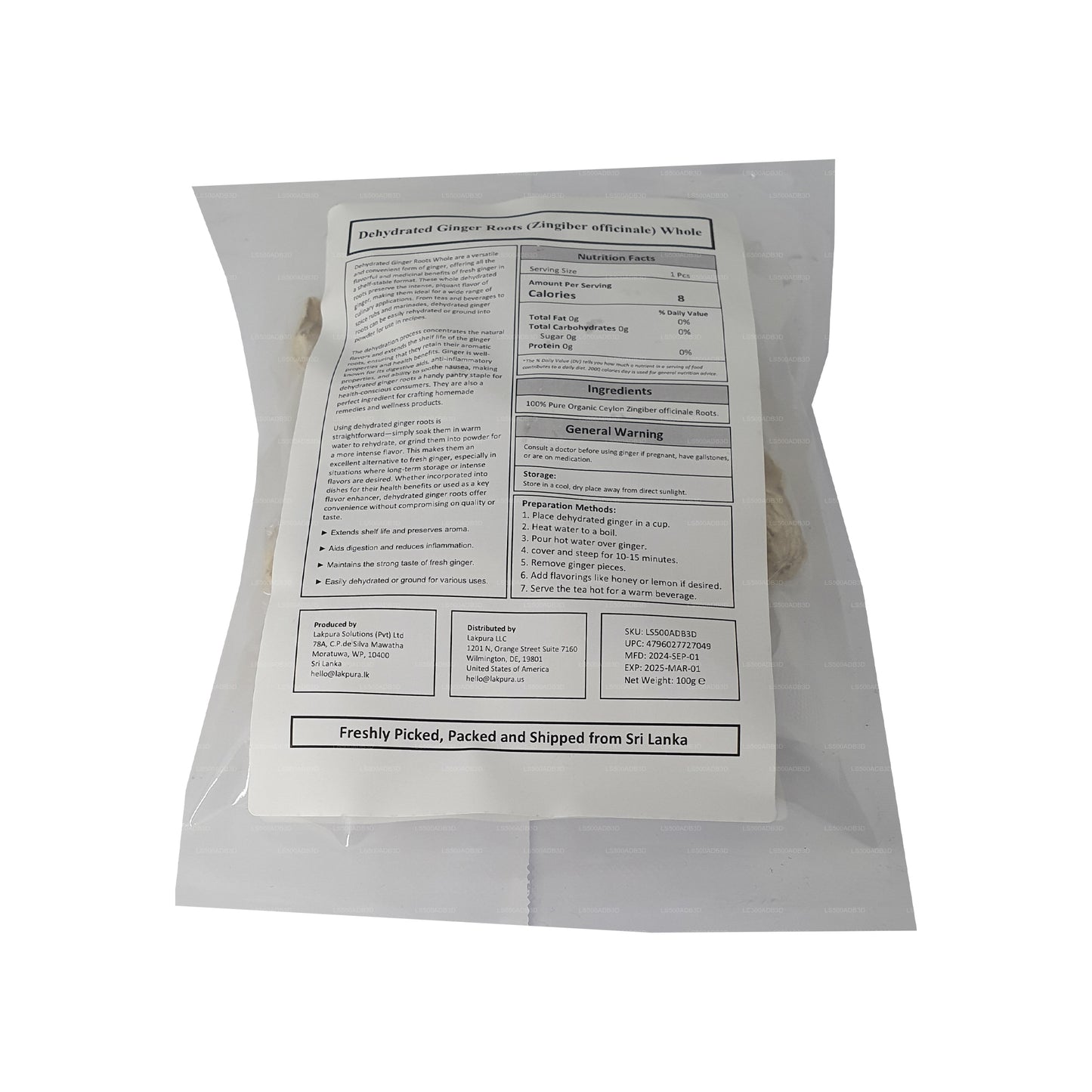 Обезвоженные корни имбиря Lakpura цельные (100 г)