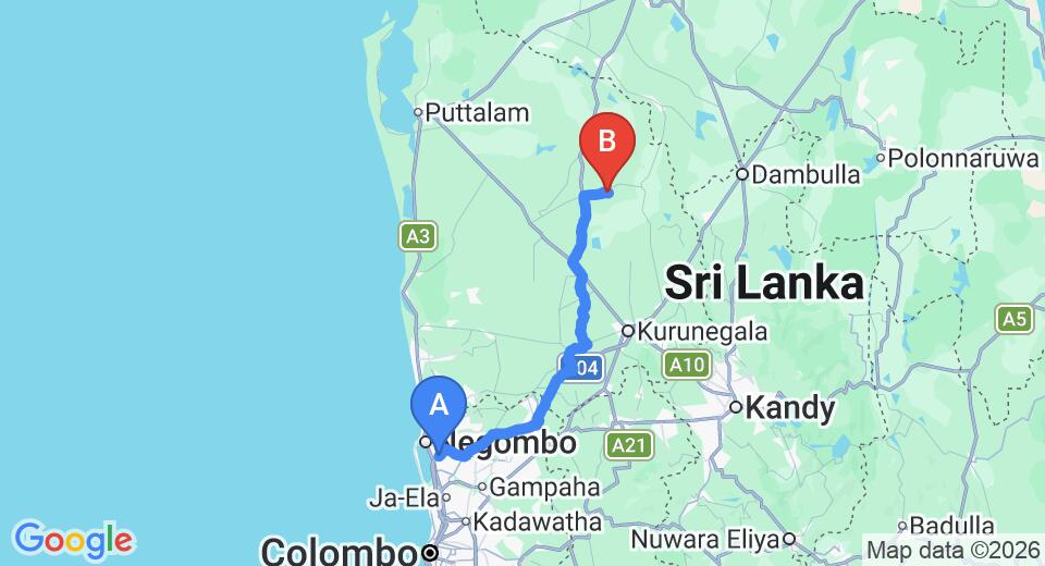 Driving route map: Colombo Airport (CMB) to Yapahuwa Paradise Resort, Maho (117 km, approx 2 h 40 min private transfer)