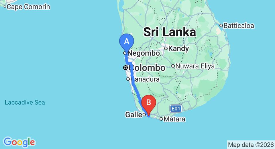 Driving route map: Colombo Airport (CMB) to Pooja Kanda, Koggala (157 km, approx 2 h 18 min private transfer)