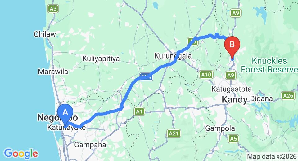 Driving route map: Colombo Airport (CMB) to Hotel Spring View, Matale (123 km, approx 2 h 53 min private transfer)