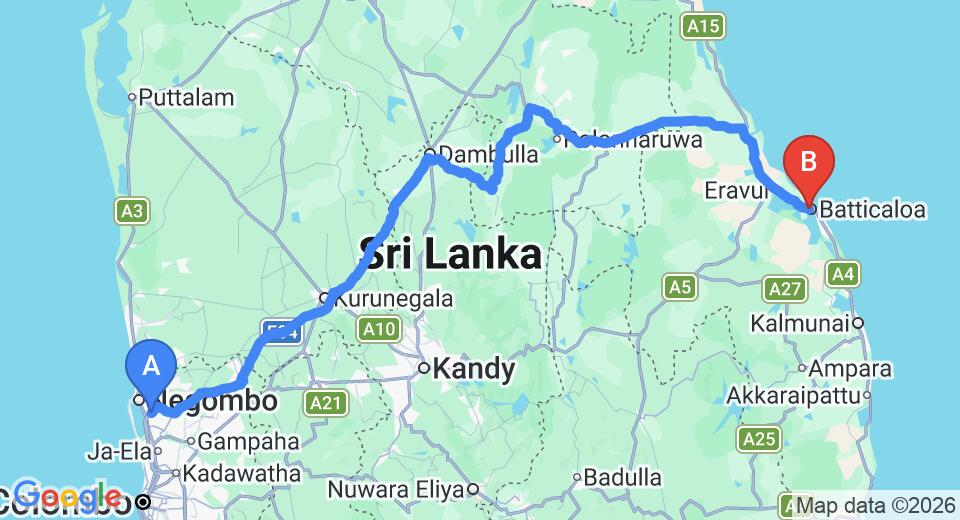 Driving route map: Colombo Airport (CMB) to Co-Op Inn Guest House, Batticaloa (291 km, approx 6 h 0 min private transfer)