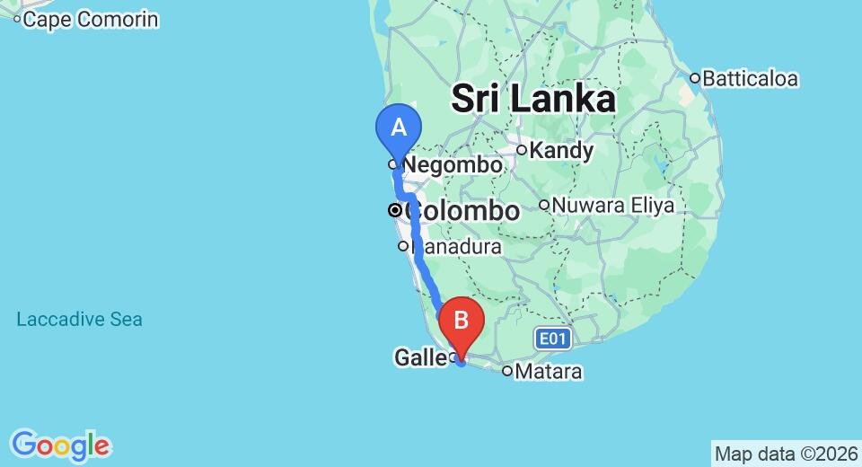 Driving route map: Colombo Airport (CMB) to Dalawella Beach Resort, Unawatuna (154 km, approx 2 h 11 min private transfer)