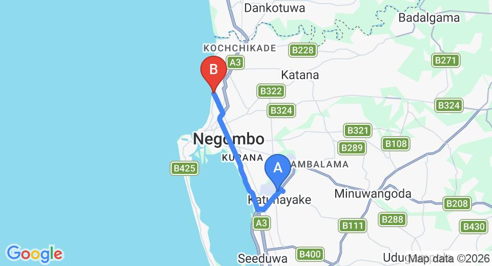 Driving route map: Colombo Airport (CMB) to Prego Suites, Negombo (13 km, approx 30 min private transfer)