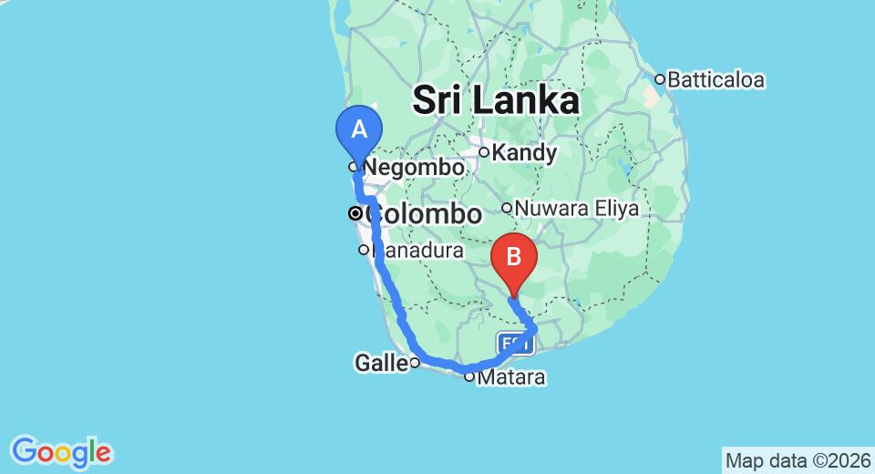 Driving route map: Colombo Airport (CMB) to Athgira River Camping, Udawalawe (257 km, approx 3 h 38 min private transfer)