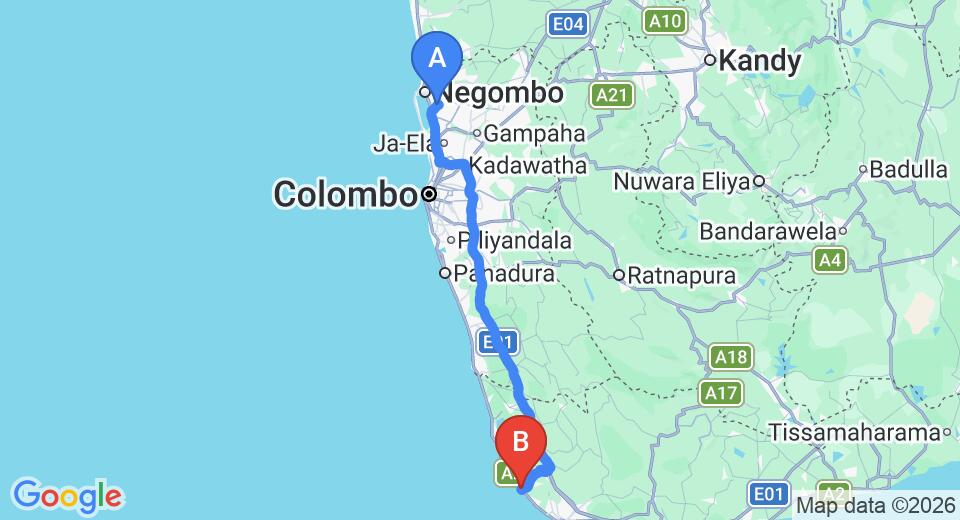 Driving route map: Colombo Airport (CMB) to Hotel Suite Lanka, Hikkaduwa (143 km, approx 2 h 7 min private transfer)