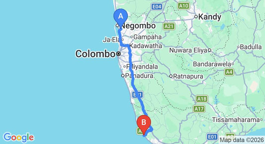 Driving route map: Colombo Airport (CMB) to Hotel Suite Lanka, Hikkaduwa (143 km, approx 2 h 7 min private transfer)
