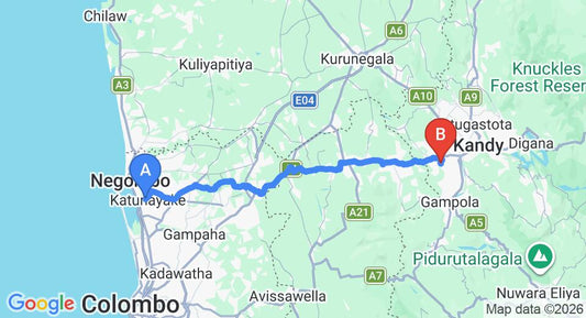 Driving route map: Colombo Airport (CMB) to Gadaladeniya (94 km, approx 2 h 45 min private transfer)
