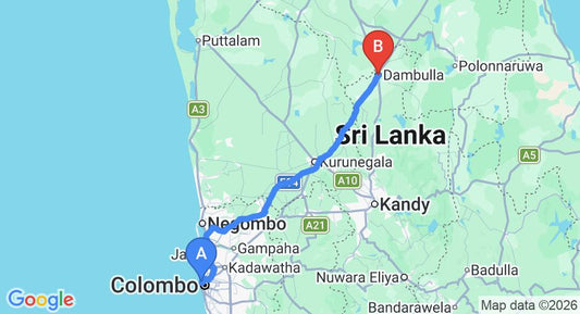 Driving route map: Colombo Seaport to Dambulla (162 km, approx 3 h 19 min private transfer)