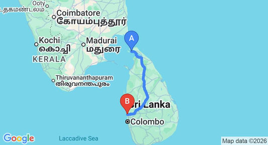 Driving route map: Jaffna to Negombo (375 km, approx 7 h 16 min private transfer)