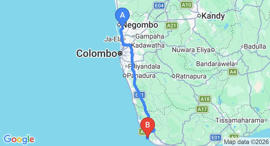 Driving route map: Colombo Airport (CMB) to Eco Village, Dodanduwa (145 km, approx 2 h 10 min private transfer)