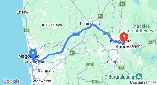Driving route map: Colombo Airport (CMB) to Fern Leaf Holiday Inn, Kandy (114 km, approx 2 h 49 min private transfer)