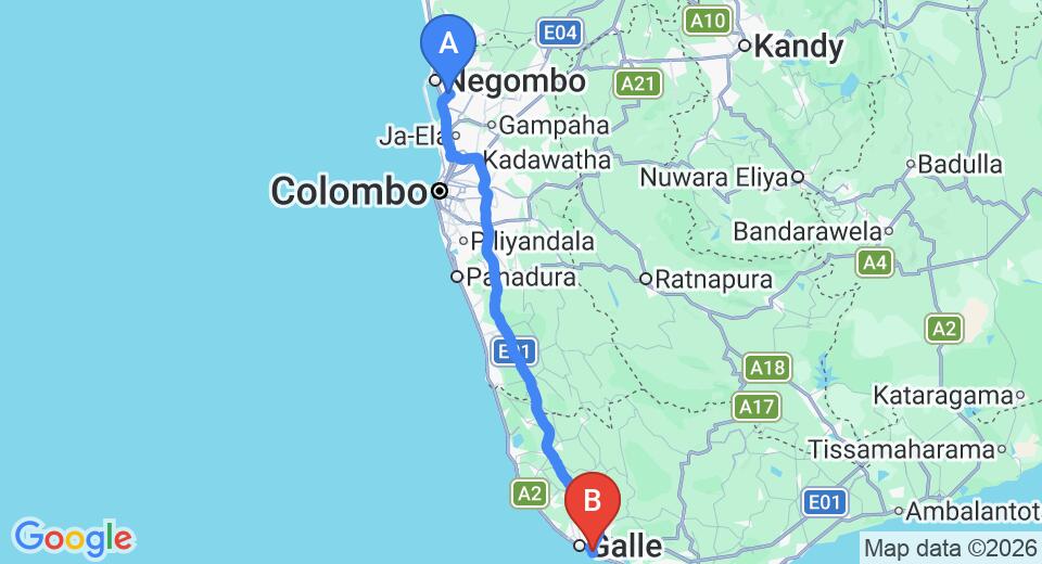 Driving route map: Colombo Airport (CMB) to Tamarind Hut, Unawatuna (152 km, approx 2 h 6 min private transfer)