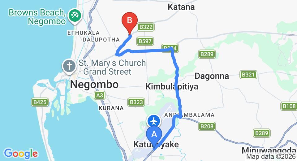 Driving route map: Colombo Airport (CMB) to Villa Shade, Negombo (12 km, approx 26 min private transfer)