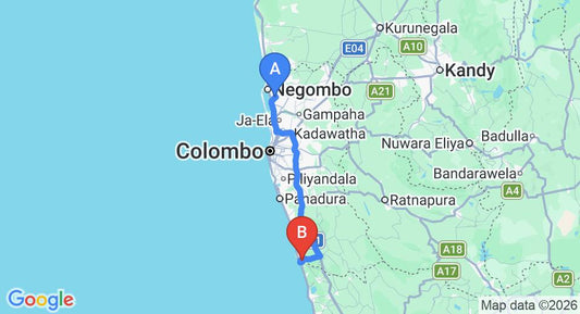 Driving route map: Colombo Airport (CMB) to Hotel Lagoon, Bentota (109 km, approx 1 h 44 min private transfer)