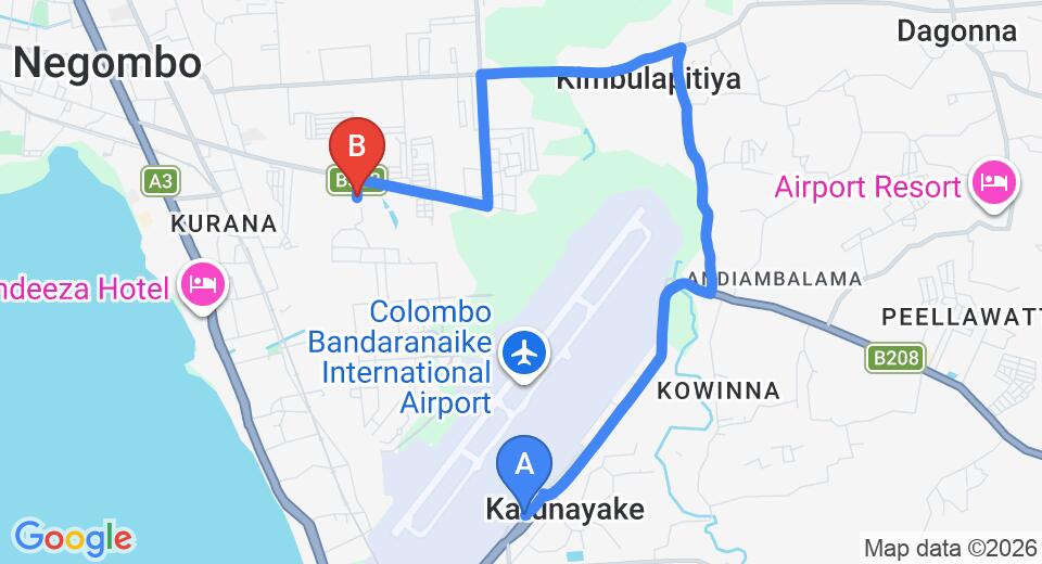 Driving route map: Colombo Airport (CMB) to Palms Villa, Negombo (9 km, approx 20 min private transfer)