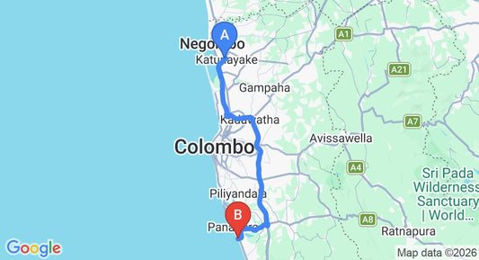 Driving route map: Colombo Airport (CMB) to Blue Spring Hotel, Wadduwa (77 km, approx 1 h 25 min private transfer)