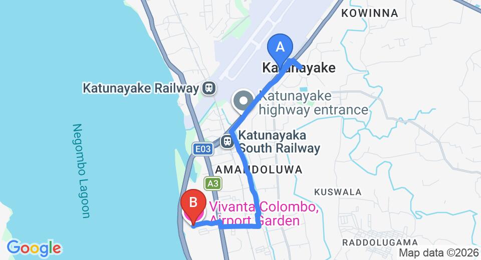 Driving route map: Colombo Airport (CMB) to Vivanta Colombo, Airport Garden, Negombo (6 km, approx 16 min private transfer)