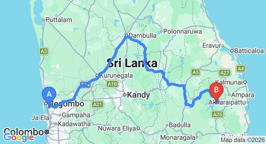 Driving route map: Colombo Airport (CMB) to Inginiyagala (322 km, approx 6 h 29 min private transfer)