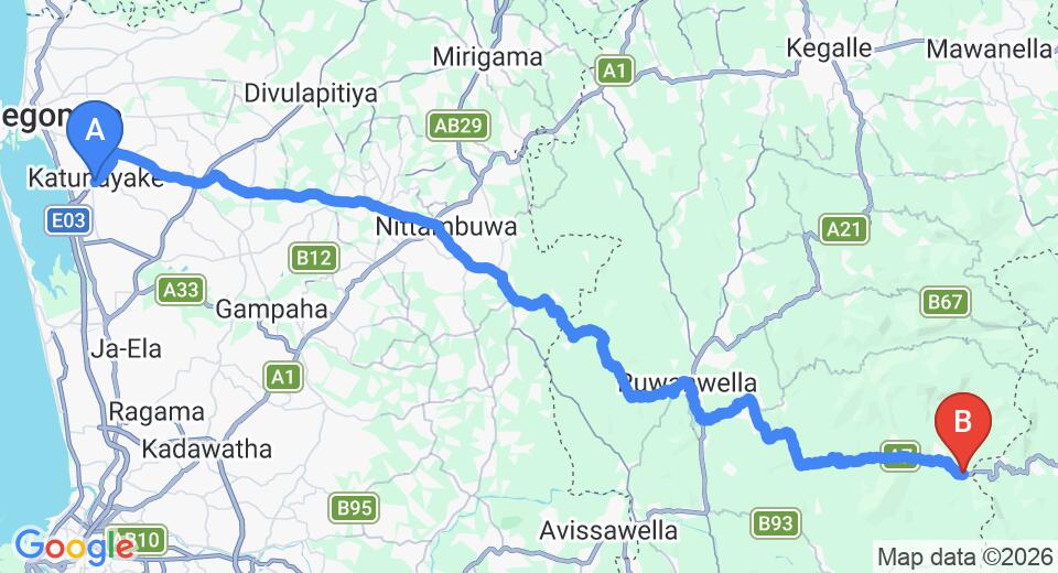 Driving route map: Colombo Airport (CMB) to Royal River Resort, Kitulgala (83 km, approx 2 h 29 min private transfer)