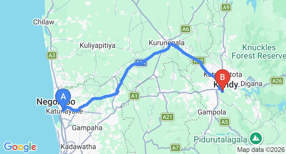 Driving route map: Colombo Airport (CMB) to Amaya Bungalow, Kandy (115 km, approx 2 h 56 min private transfer)