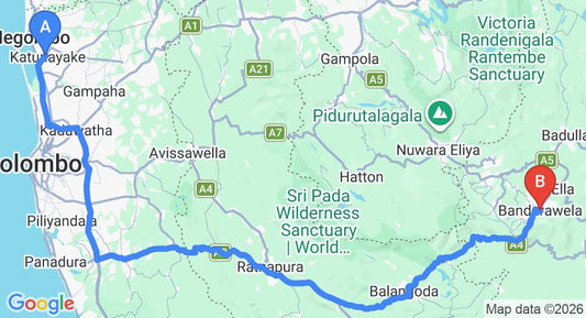 Driving route map: Colombo Airport (CMB) to Ampersand Holiday Home, Bandarawela (220 km, approx 5 h 23 min private transfer)