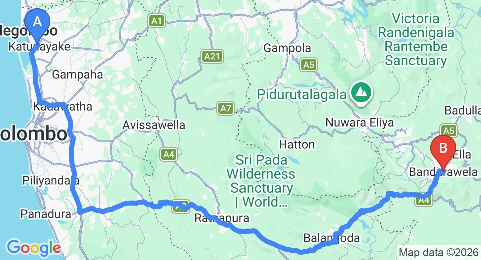 Driving route map: Colombo Airport (CMB) to Ranmal Tea Plantation Bungalow, Bandarawela (220 km, approx 5 h 23 min private transfer)