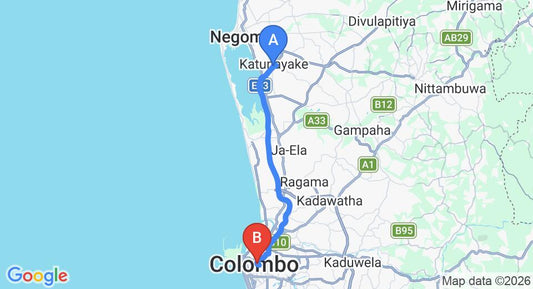 Driving route map: Colombo Airport (CMB) to Maradana (32 km, approx 40 min private transfer)