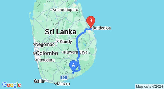 Driving route map: Mattala (HRI) Airport to Batticaloa (BTC) Airport (231 km, approx 4 h 26 min private transfer)
