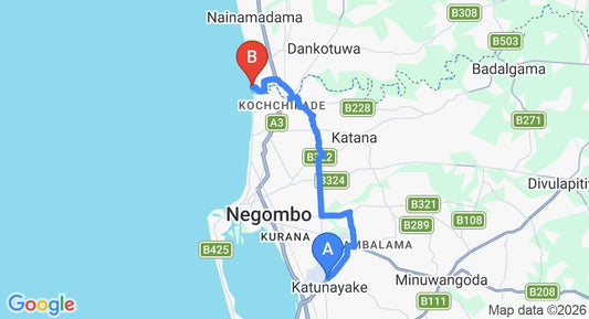 Driving route map: Colombo Airport (CMB) to Freedom with sea Breez, Negombo (20 km, approx 43 min private transfer)