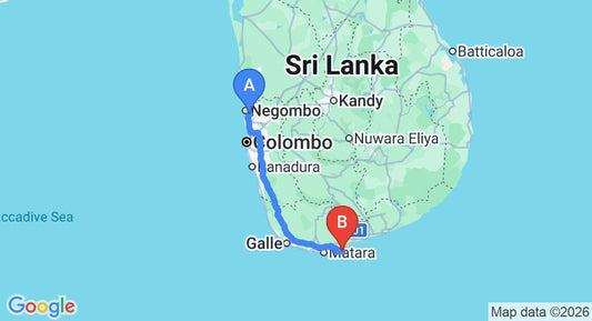 Driving route map: Colombo Airport (CMB) to Blue Heights, Dikwella (202 km, approx 2 h 58 min private transfer)