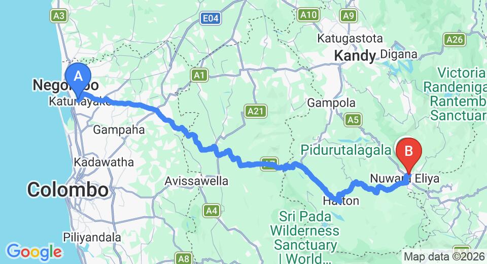 Driving route map: Colombo Airport (CMB) to Galway Forest Lodge, Nuwara Eliya (155 km, approx 4 h 46 min private transfer)