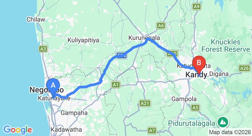 Driving route map: Colombo Airport (CMB) to Settle Inn Tourist Lodge, Kandy (116 km, approx 2 h 54 min private transfer)