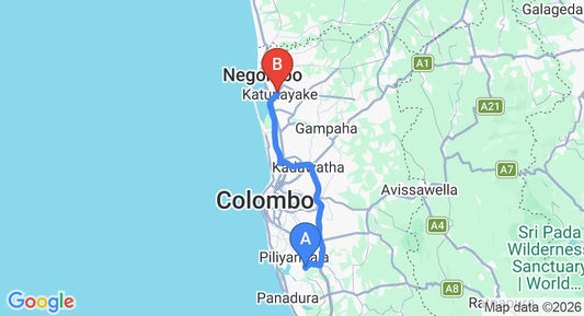 Driving route map: Kesbewa to Colombo Airport (CMB) (58 km, approx 55 min private transfer)