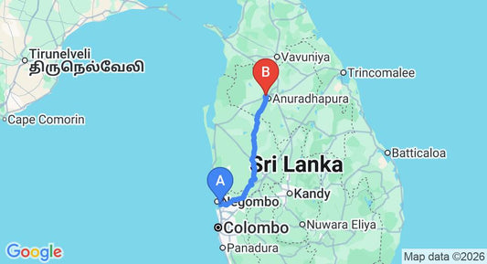 Driving route map: Colombo Airport (CMB) to Tissawewa Grand, Anuradhapura (175 km, approx 3 h 45 min private transfer)
